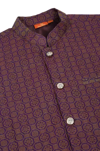 Silk blend purple kurta and churidar with jacquard geometric purple nehru jacket