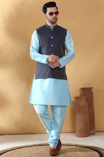 Silk blend blue kurta and churidar with jacquard geometric blue nehru jacket