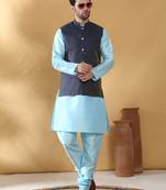 Silk blend blue kurta and churidar with jacquard geometric blue nehru jacket