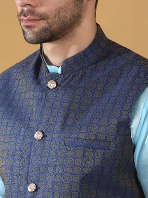 Silk blend blue kurta and churidar with jacquard geometric blue nehru jacket 2