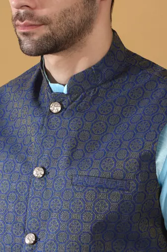 Silk blend blue kurta and churidar with jacquard geometric blue nehru jacket