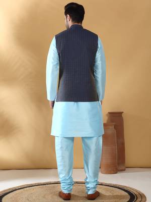 Silk blend blue kurta and churidar with jacquard geometric blue nehru jacket 3