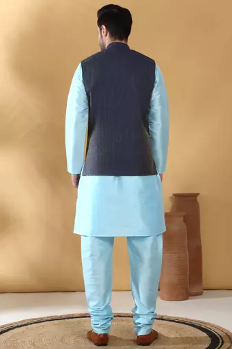 Silk blend blue kurta and churidar with jacquard geometric blue nehru jacket
