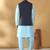 Silk blend blue kurta and churidar with jacquard geometric blue nehru jacket