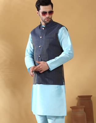 Silk blend blue kurta and churidar with jacquard geometric blue nehru jacket 4