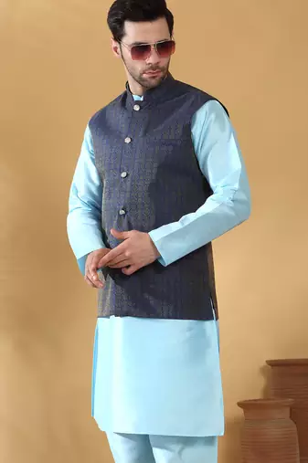 Silk blend blue kurta and churidar with jacquard geometric blue nehru jacket