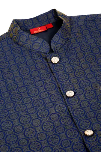 Silk blend blue kurta and churidar with jacquard geometric blue nehru jacket
