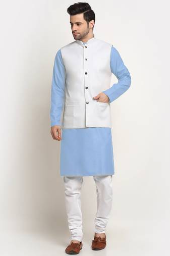 Cotton sky blue kurta and pyjama with twill white nehru jacket