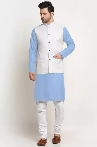 Cotton sky blue kurta and pyjama with twill white nehru jacket