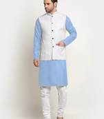 Cotton sky blue kurta and pyjama with twill white nehru jacket