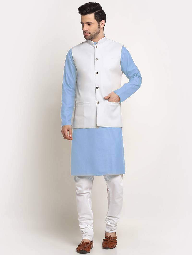 Cotton sky blue kurta and pyjama with twill white nehru jacket