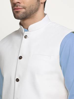 Cotton sky blue kurta and pyjama with twill white nehru jacket 2