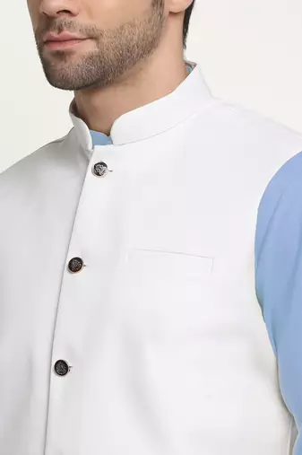 Cotton sky blue kurta and pyjama with twill white nehru jacket