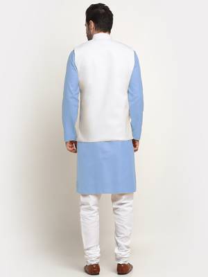 Cotton sky blue kurta and pyjama with twill white nehru jacket 3