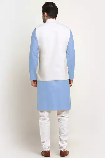Cotton sky blue kurta and pyjama with twill white nehru jacket
