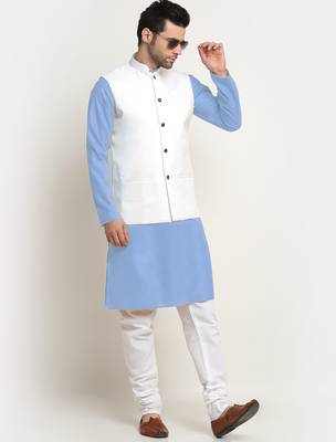 Cotton sky blue kurta and pyjama with twill white nehru jacket 4