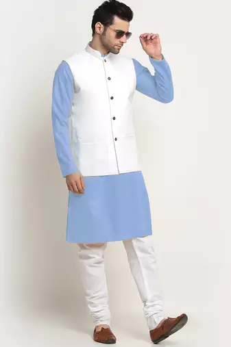 Cotton sky blue kurta and pyjama with twill white nehru jacket