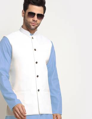 Cotton sky blue kurta and pyjama with twill white nehru jacket 5