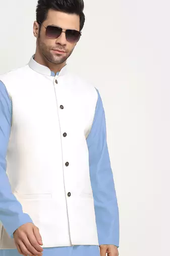 Cotton sky blue kurta and pyjama with twill white nehru jacket
