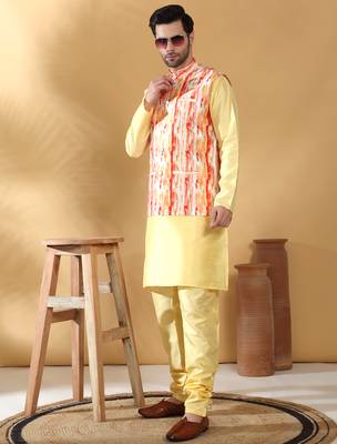 Silk blend lime yellow kurta and churidar with tie-dye orange nehru jacket 1
