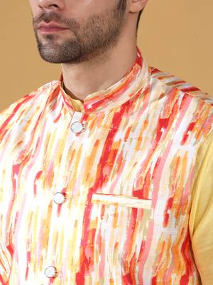 Silk blend lime yellow kurta and churidar with tie-dye orange nehru jacket 2