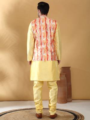 Silk blend lime yellow kurta and churidar with tie-dye orange nehru jacket 3