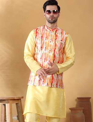 Silk blend lime yellow kurta and churidar with tie-dye orange nehru jacket 4