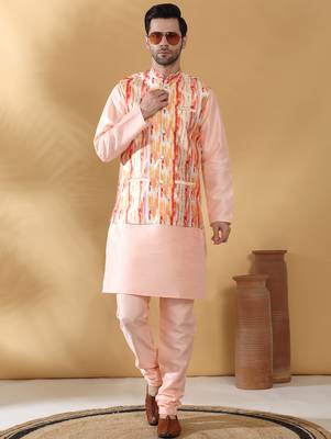 Silk blend peach kurta and churidar with tie-dye orange nehru jacket 1