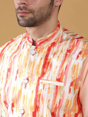 Silk blend peach kurta and churidar with tie-dye orange nehru jacket 2