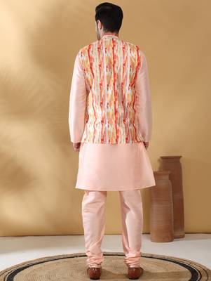 Silk blend peach kurta and churidar with tie-dye orange nehru jacket 3