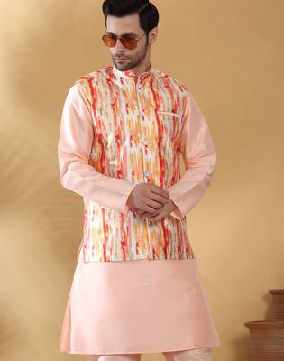 Silk blend peach kurta and churidar with tie-dye orange nehru jacket 4