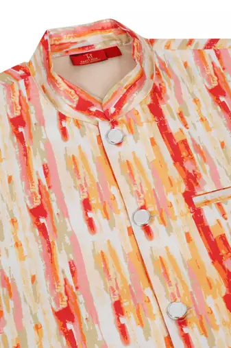 Silk blend peach kurta and churidar with tie-dye orange nehru jacket