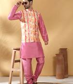 Silk blend pink kurta and churidar with tie-dye orange nehru jacket