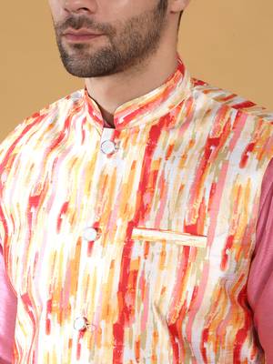 Silk blend pink kurta and churidar with tie-dye orange nehru jacket 2