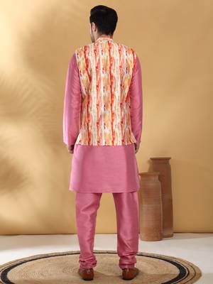 Silk blend pink kurta and churidar with tie-dye orange nehru jacket 3