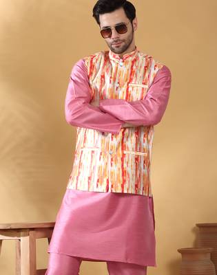 Silk blend pink kurta and churidar with tie-dye orange nehru jacket 4