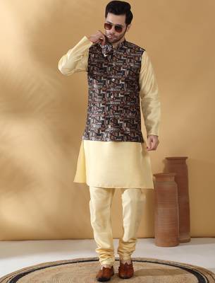 Silk bleand beige kurta churidar with abstract printed black nehru jacket 1