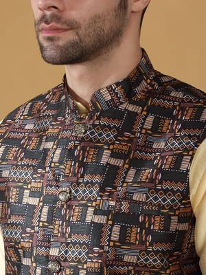 Silk bleand beige kurta churidar with abstract printed black nehru jacket 2