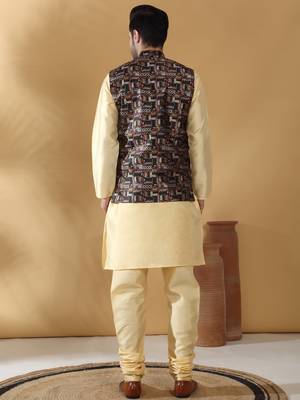 Silk bleand beige kurta churidar with abstract printed black nehru jacket 3
