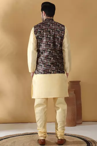 Silk bleand beige kurta churidar with abstract printed black nehru jacket