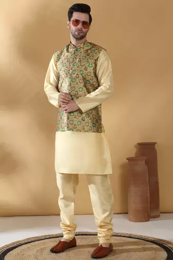 Silk bleand beige kurta churidar with abstract printed green nehru jacket