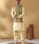 Silk bleand beige kurta churidar with abstract printed green nehru jacket