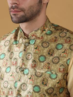 Silk bleand beige kurta churidar with abstract printed green nehru jacket 2