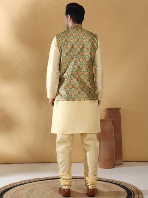 Silk bleand beige kurta churidar with abstract printed green nehru jacket 3