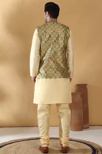 Silk bleand beige kurta churidar with abstract printed green nehru jacket