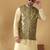 Silk bleand beige kurta churidar with abstract printed green nehru jacket