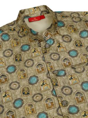 Silk bleand beige kurta churidar with abstract printed green nehru jacket 5