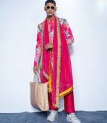Pink printed chanderi kurta pajama with scarf