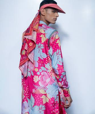 Pink printed chanderi kurta pajama with scarf 2