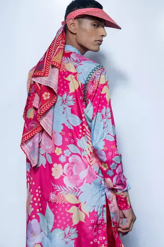 Pink printed chanderi kurta pajama with scarf